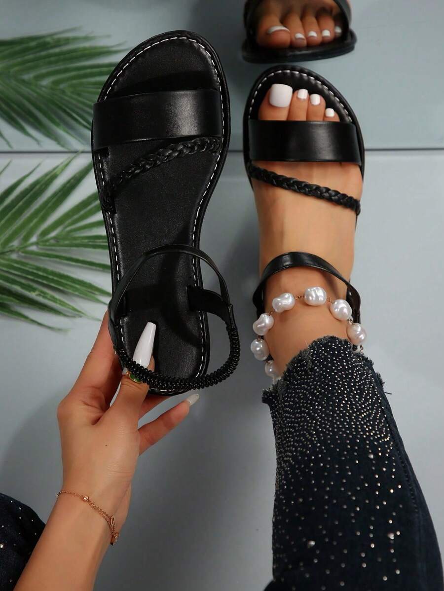Plus Size Women Woven Open Toe Comfy Slip-On Flat Leather Slippers/Sandals, Casual Stylish Outdoor Beach Shoes, Summer