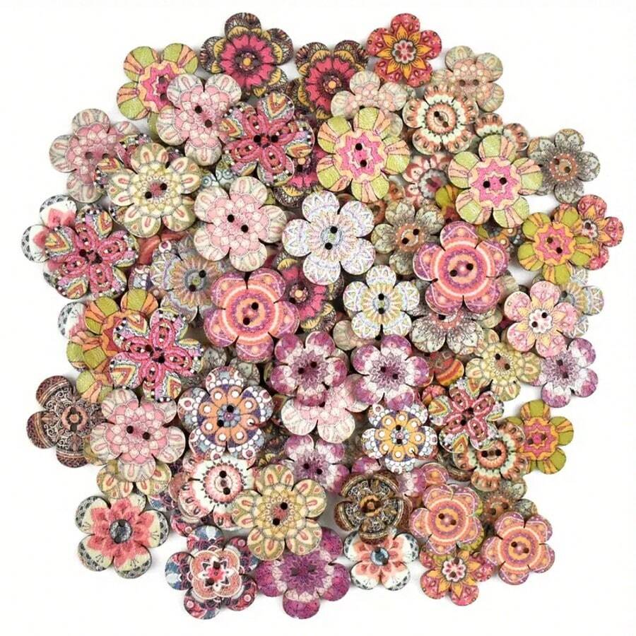 100pcs Vintage Flower Wooden Buttons, Mixed Colors, 2 Hole Decorative Craft Buttons, Great For Sewing, Clothing, Pullovers, Knitting, Scrapbooking, Handmade Projects And DIY Accessories (Mixed Colors Randomly Sent)