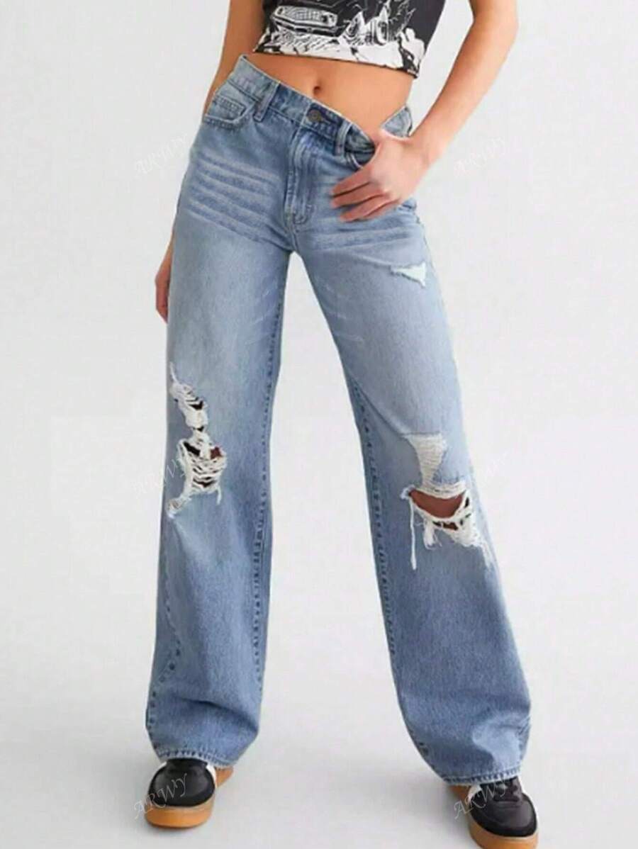 Women's Front Button Pocket Distressed Casual Denim Jeans