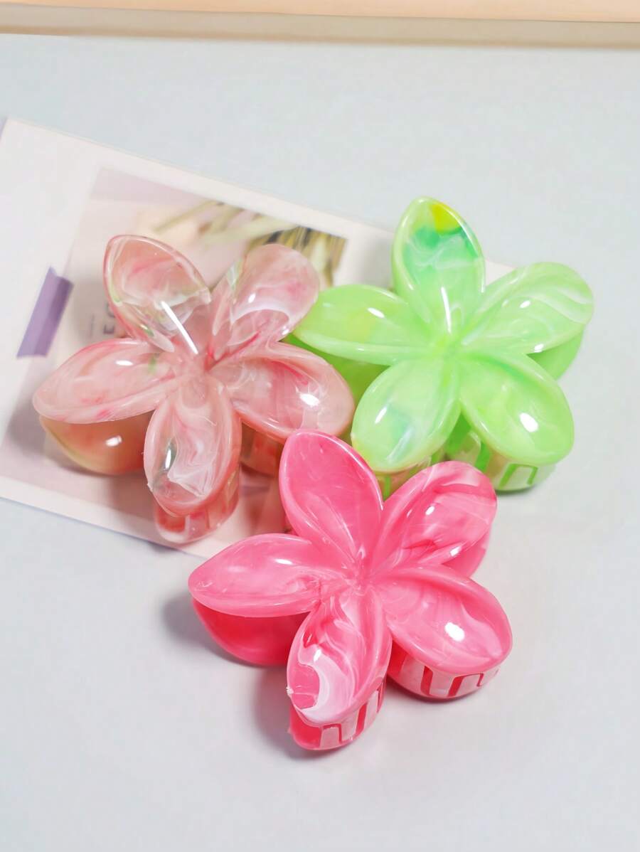 Set de 3 pinzas para el cabello de mujer de 8cm/3.15pulg con flores en degradado de rosa y verde, de plástico ligero, de moda, elegantes, de unicolor, adecuadas para uso diario, casual, fiesta, oficina, vacaciones, para recogerse el cabello, lavarse la cara, maquillarse, accesorio de vestimenta