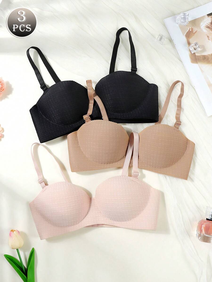 3PCS Girls Teen Solid Color Cute Seamless Underwear Push Up Bras