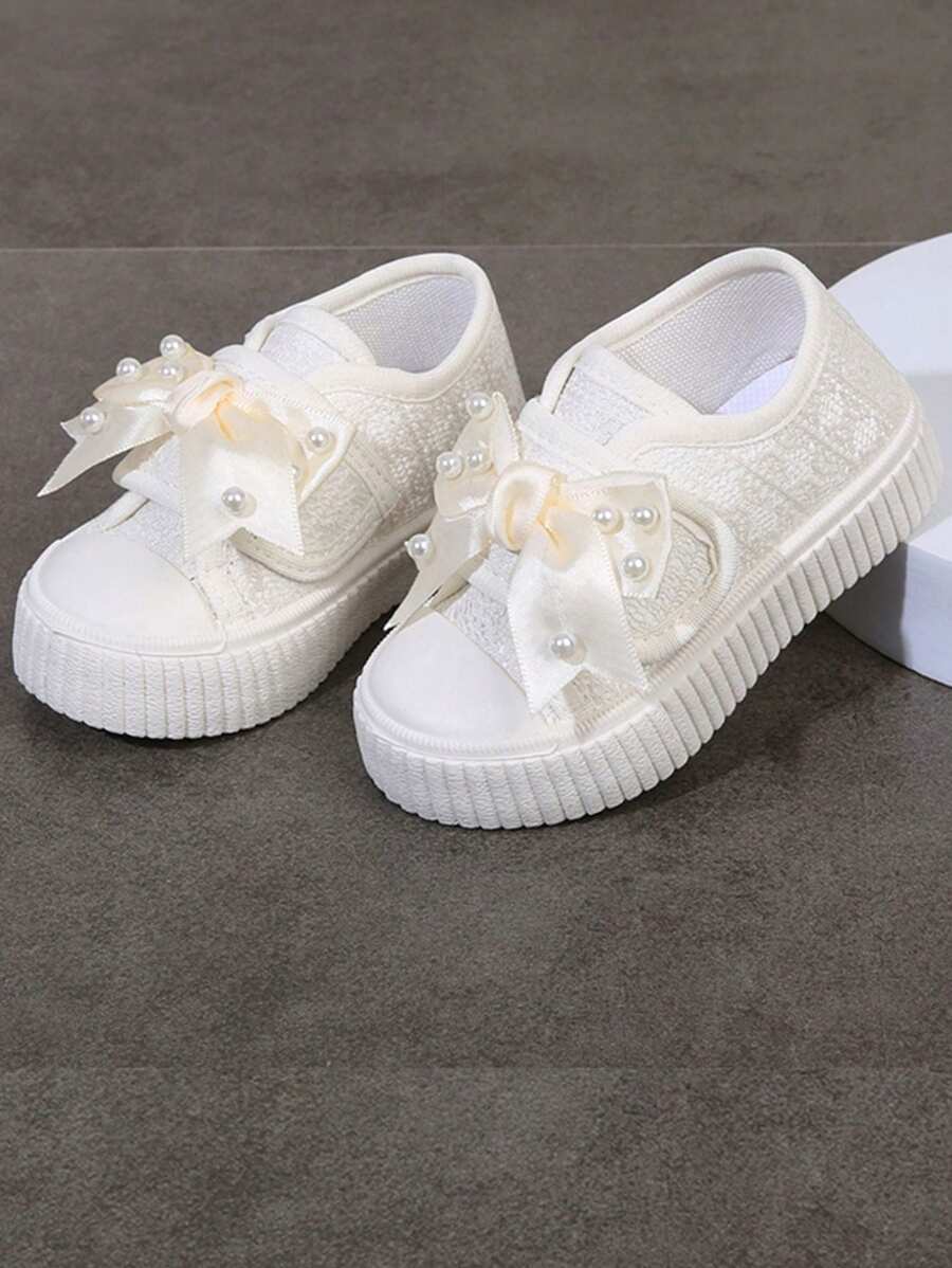 1 Pair Girls Pearl Bow Hook And Loop Canvas Shoes, Princess Style, Non-Slip & Wear-Resistant, Suitable For Spring And Autumn Daily Wear