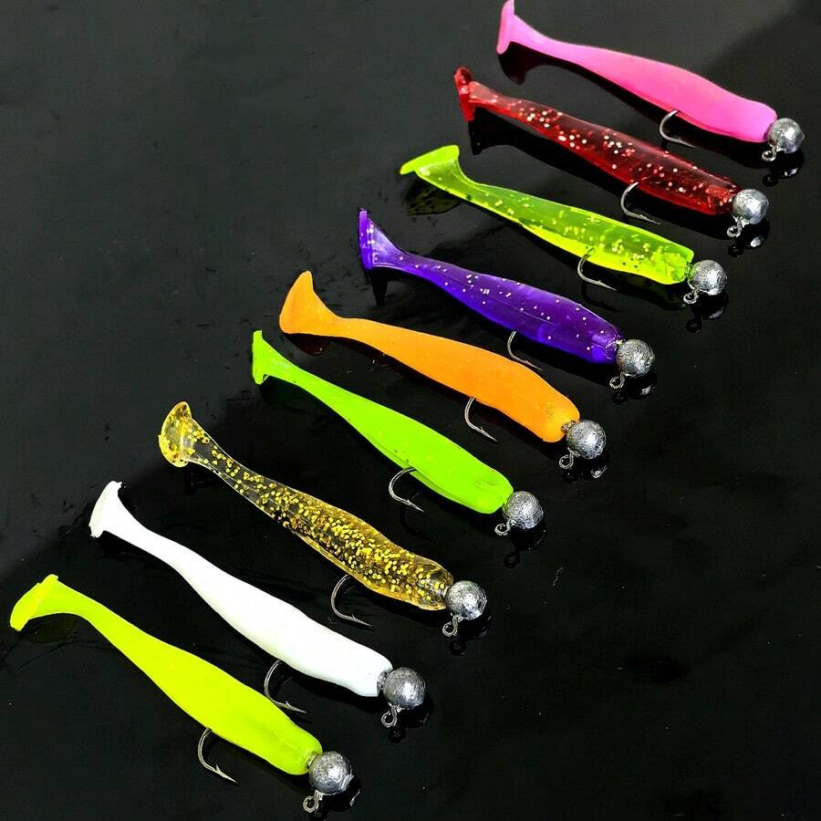 55 pièces Ensemble de leurres de pêche, comprenant des hameçons à tête de plomb, des hameçons souples en forme de queue de T, des vers souples. Convient pour la pêche à la perche, au doré, accessoires de pêche