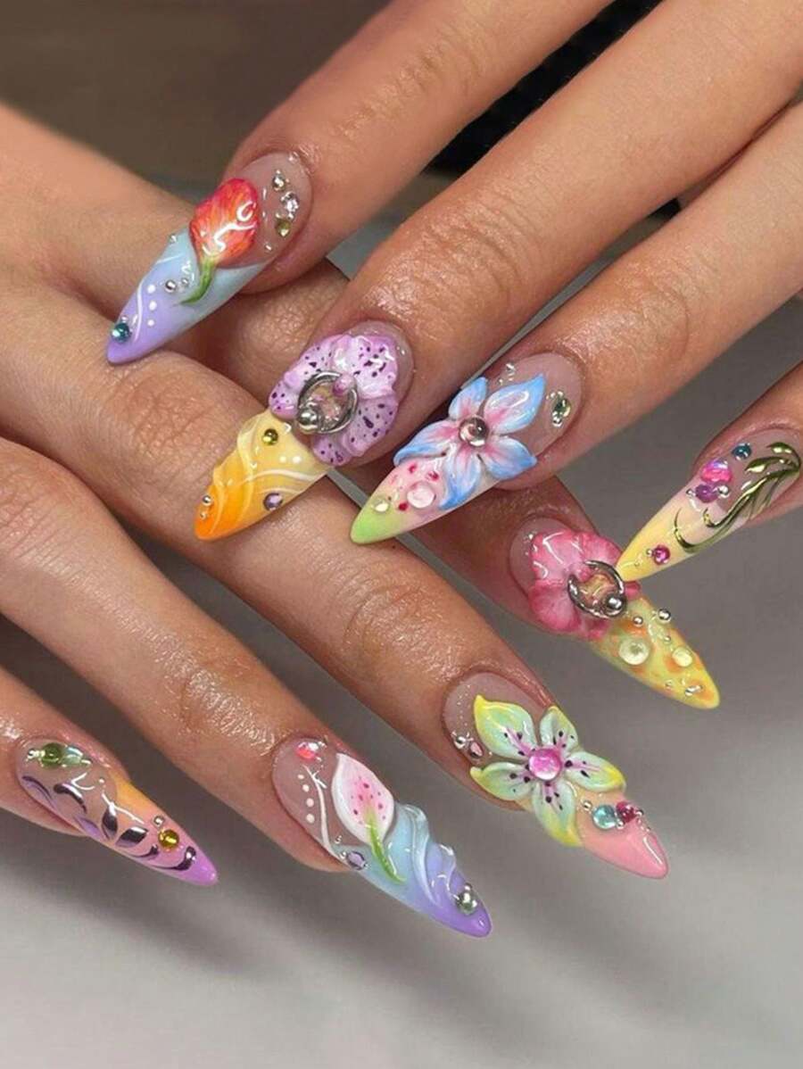 24 PIEZAS de suministros para uñas con flores verdes 3D de primavera y verano + 1 lima de uñas + 1 pieza de pegamento de gelatina