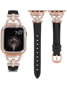 Schwarzes D-förmiges Lederarmband + Roségoldgehäuse