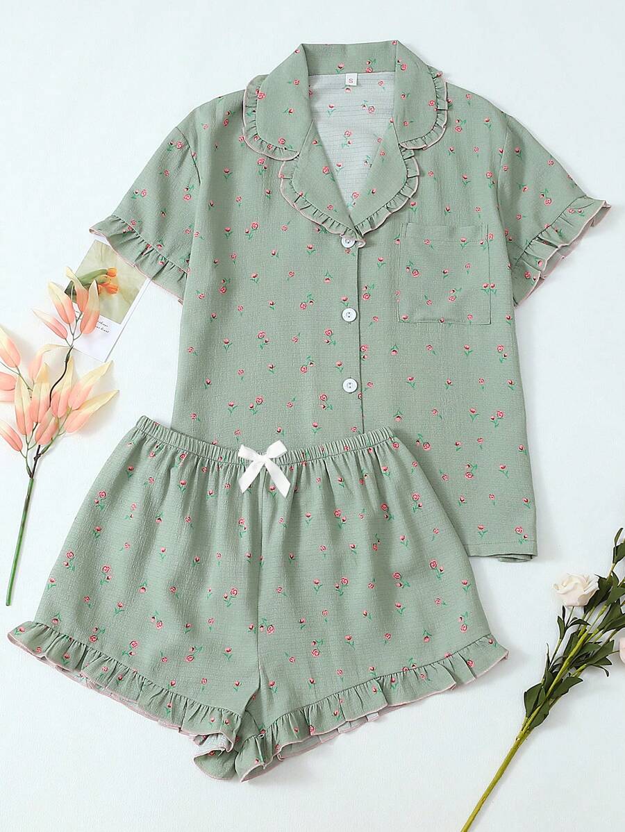 2pcs Women Floral Lace Trim Collared Short Sleeve Pocket Top And Shorts Pajama Set, Comfortable Home Wear For Spring/Summer