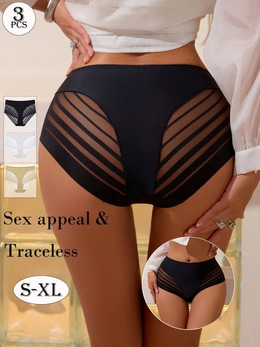Aofeiqike 3pcs/Pack High-Quality European & American Style Women's Panties, Mid-Waist Plus Size & Maternity, Breathable Comfy Mesh & Lace Trim Triangle Briefs, Casual & Sexy Sheer Patchwork Underwear