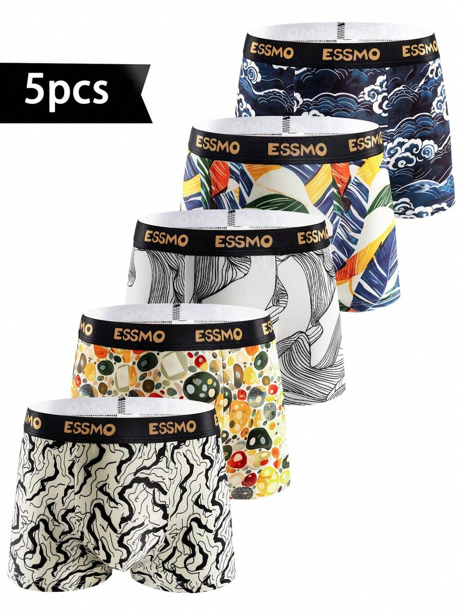 5 Stücke Herren Basic nahtlose Boxershorts mit Graffiti-Muster, Geschenk für den Sommer