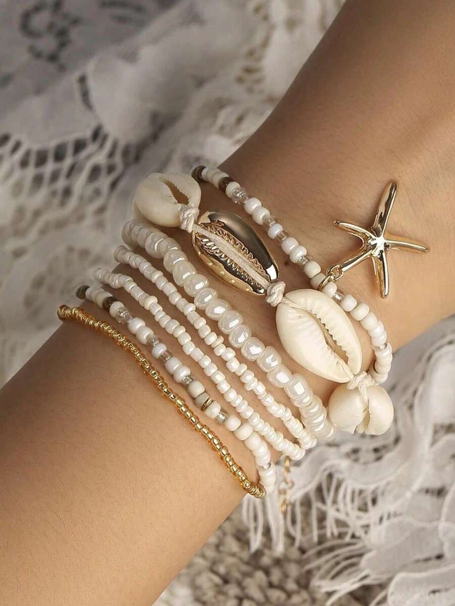 7 Pieces/Set Bohemian Beach Ocean Holiday Style Colorful Rice Beads Shell Starfish Decorative Bracelet Set Suitable For Women's Summer Daily Wear