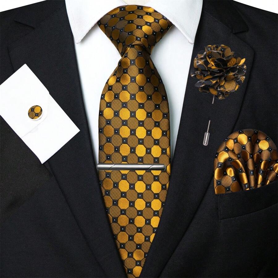 1 Set/2 Sets/3 Sets/4 Sets/5 Sets Herren Krawatte mit Karomuster, Krawatte aus Seide-Satin, Krawattenklammer aus Silber, Einstecktuch, Manschettenknöpfe und Ansteckblume als kombiniertes Set, geeignet als Geschenk für Männer, Väter zum Vatertag, Jahrestag, Geburtstag, klassisches Karomuster passt perfekt zu Smokings, macht Sie bei jeder Gelegenheit auffallend. Ideal, Gala, Hochzeit, Bankett, Feier, formelle Treffen, Lässig-Party, wichtige Anlässe