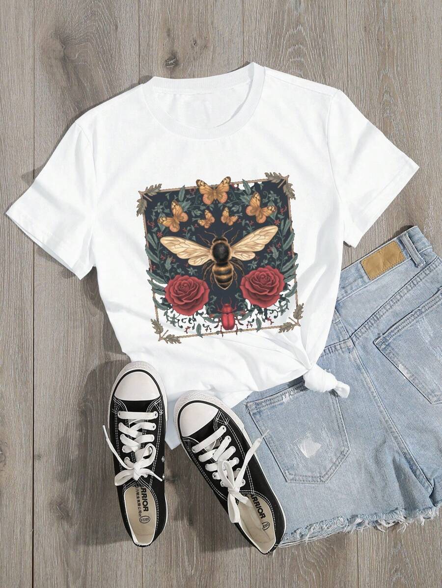 Butterflies Detailed Bee Illustration Pure Cotton Women's T-Shirt Comfort Fit