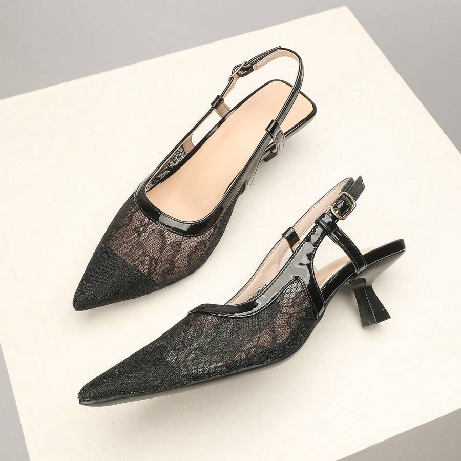 OMS 2025 Spring/Summer Pointy Toe High Heel Sandals For Women, New French Style Closed Toe Breathable Wedge Slip On Pumps, Black White Color Block, Elastic Band, Lightweight Comfortable Dress Shoes For All Seasons