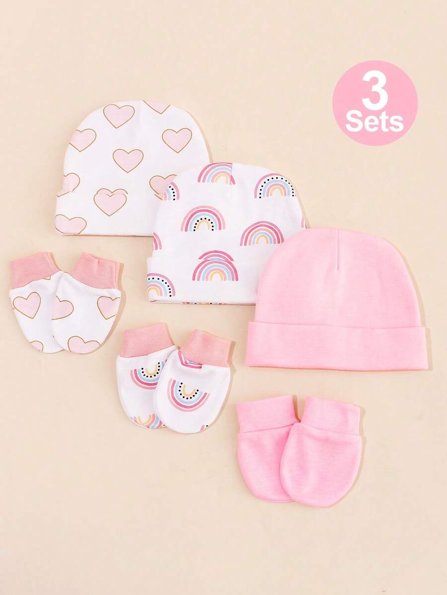 3pcs Set Baby 0-3M Infant Girls Soft Protective Hedging Hat+Gloves 4 Seasons Set, Suitable For Newborn Hospital And Daily Wear