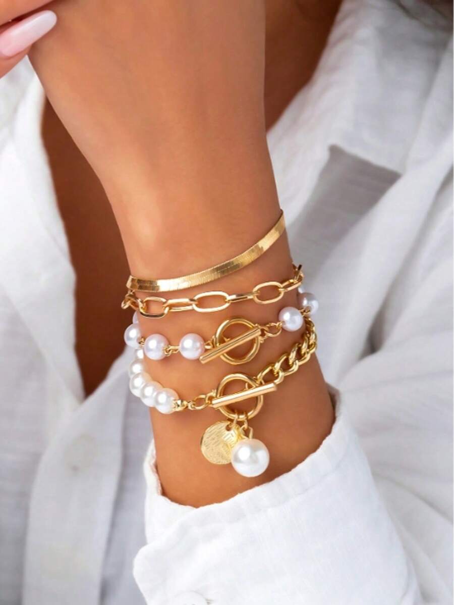 4pcs Set Vintage Geometric Circle Pendant & Pearl Chain Adjustable Beaded Bracelet, Charming Jewelry Gift For Women