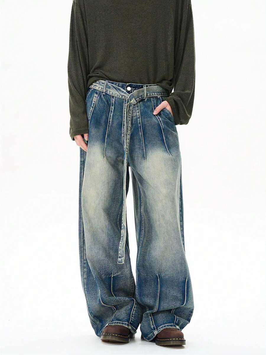 1 peça Calça Denim Casual Larga e Lavada com Design de Cinto Retrô Personalizado em Estilo Americano para Homens
