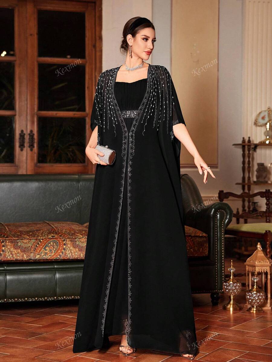 Kexmon Elegant V-Neck Rhinestone Embellishment Chiffon Two-Piece Elegant Arabic Style Long Dress