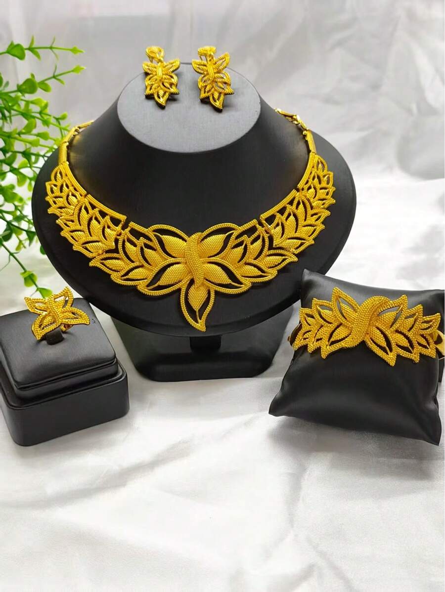 4pcs Gold Plated Flower & Leaf Pendant Necklace, Earrings, Bracelet And Ring Jewelry Set, Stylish For Women, Suitable For European, African, Dubai, Bridal, Wedding, Party, Mother's Day, Birthday, Festival, Everyday Wear