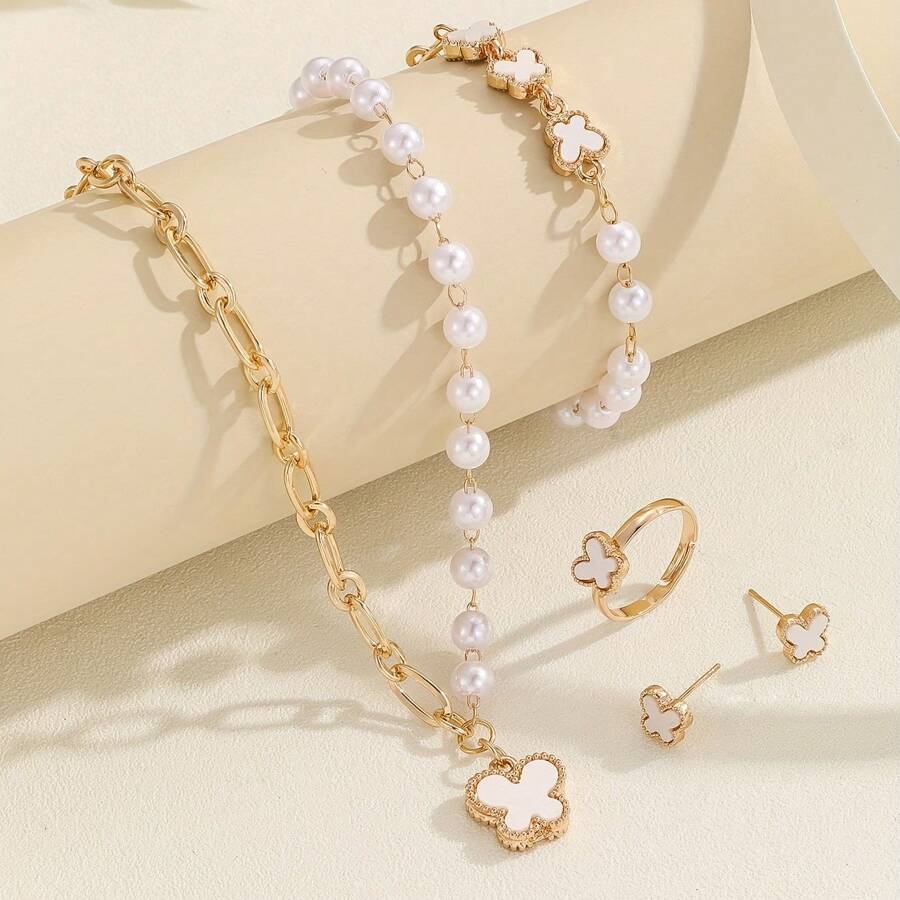 Set de 4 piezas de joyería de collar + aretes + pulsera + anillo con perlas falsas y mariposas en estilo bohemio, adecuado para uso diario y festividades
