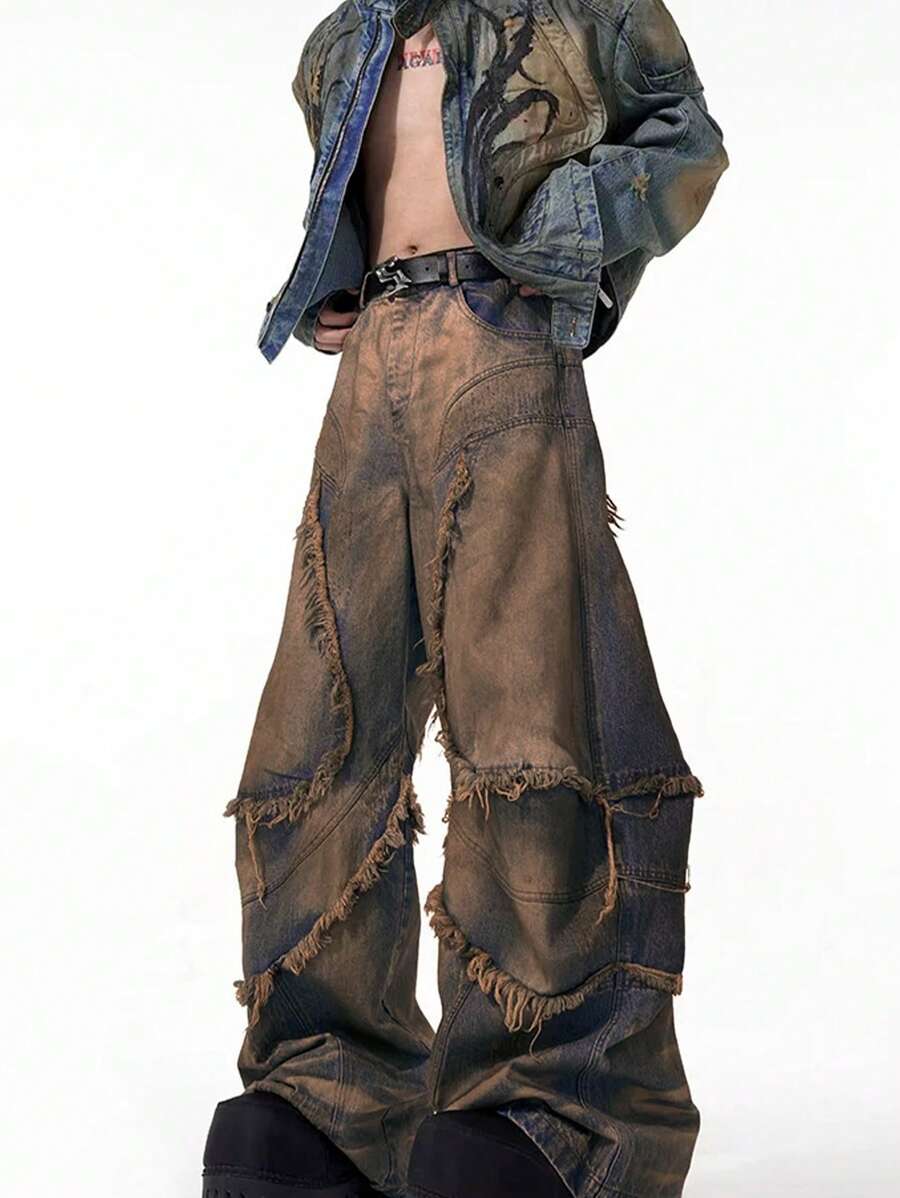 1pc American Retro Hip Hop Distressed Patchwork Frayed Hem Loose Casual Straight Leg Jeans, High Street Style Men's Cargo Pants