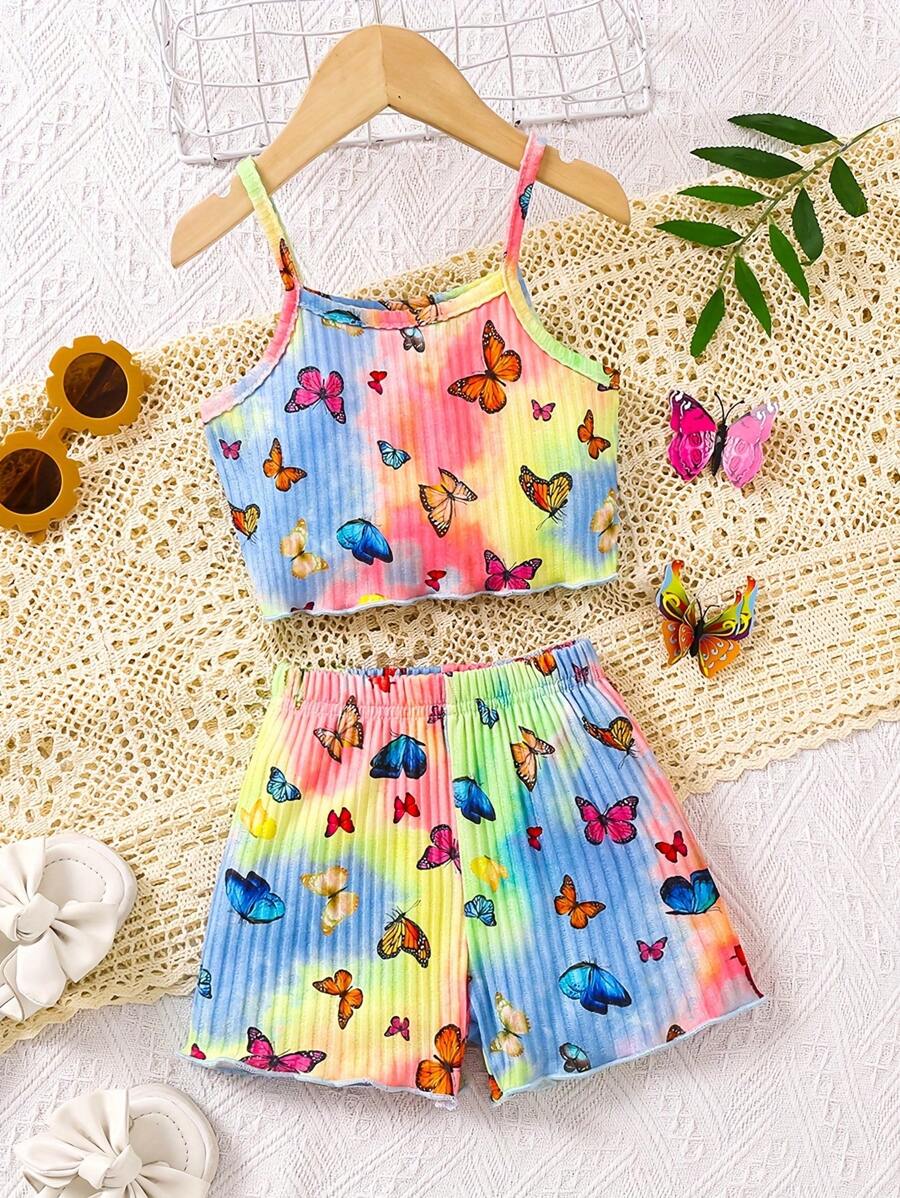 Conjunto de camisa sin mangas y pantalones cortos con estampado de mariposas y teñido anudado para niñas, nuevo conjunto de ropa casual de verano, conjunto de ropa de bebé y niña pequeña con chaleco de tirantes estampado floral