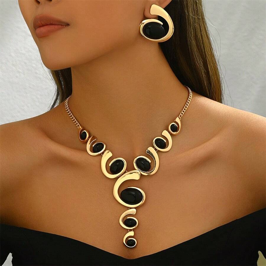 Juego de joyería de 3 piezas estilo bohemio clásico en forma de espiral de caracol, con rhinestones negros, collar en Y y aretes, de aleación, adecuado para uso diario y de fiesta