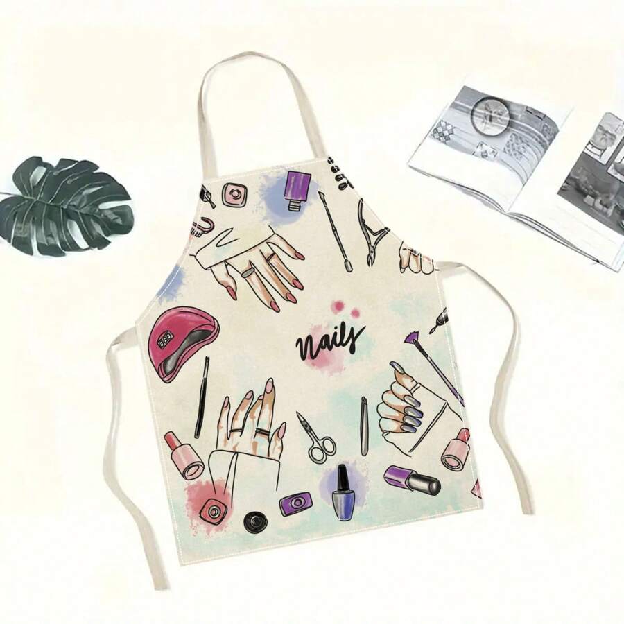 1 pieza Delantal de lino con estampado de arte de uñas multicolor, para cocinar, la cocina, uso doméstico