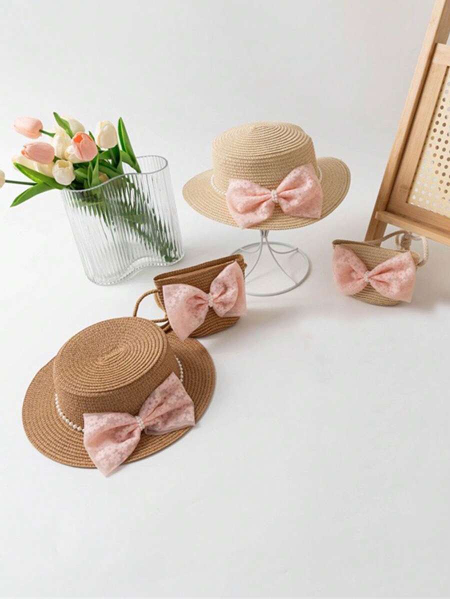 2pcs/Set Girl's Cute Ditsy Floral Bow Princess Sun Hat, Summer Shading Beach Hat Perfect For Daily & Outing