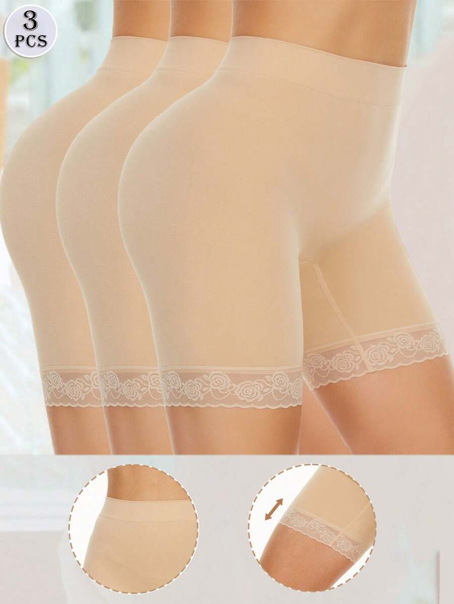 3PCS Lace Trim Biker Shorts,Slip Shorts For Women, Comfortable Smooth Stretch Seamless Slip Shorts For Under Dresses