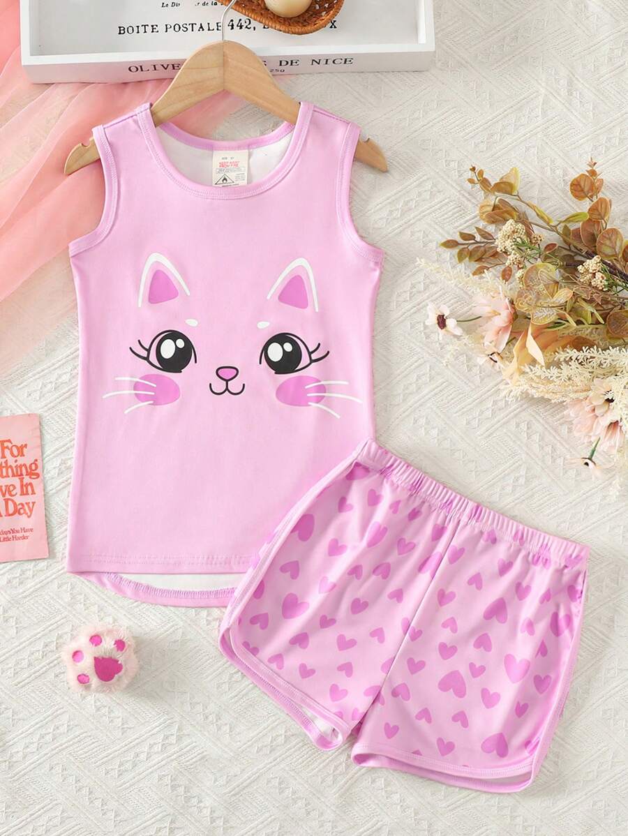 2 Peças/Conjunto Pijamas Justos Sem Mangas para Meninas, Regata com Estampa Fofa de Gato e Coração e Shorts, Conjunto de Roupas de Verão Confortáveis e Respiráveis