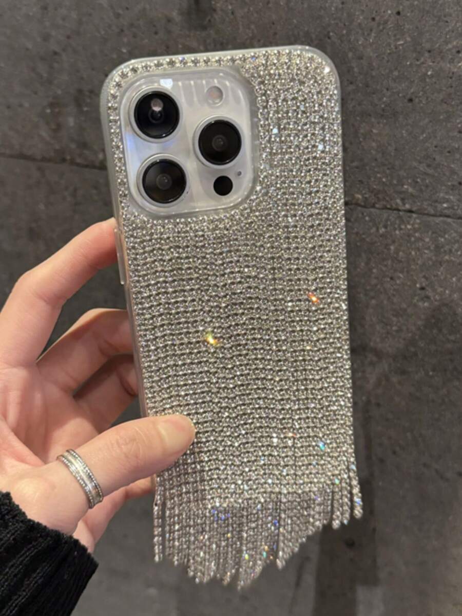 1 pieza Lujoso y glamoroso estuche de teléfono con diamantes y borlas, compatible con iPhone 16, 15, 14, 13, 12, 11 Pro Max Plus, transparente y suave para la piel
