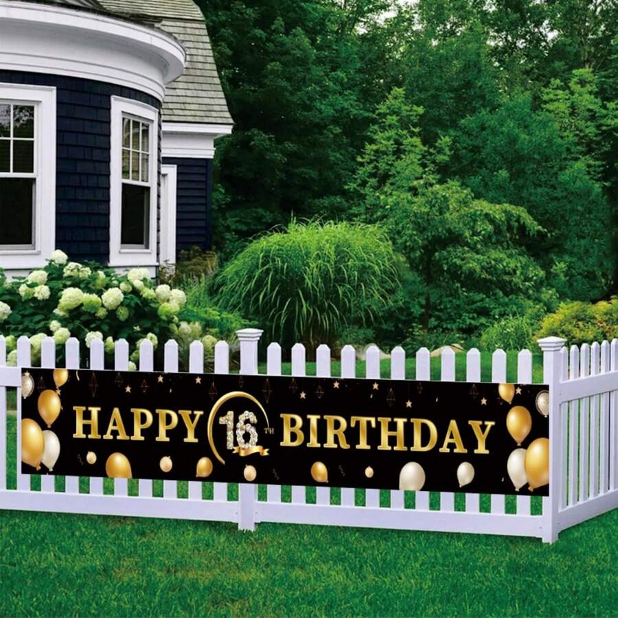 1 Stück Dekorationsbanner zum 16. Geburtstag - Alles Gute zum Geburtstag Hintergrund für Wand & Garten - 16. Geburtstags Party Deko - Teenager Geburtstags Party Zubehör