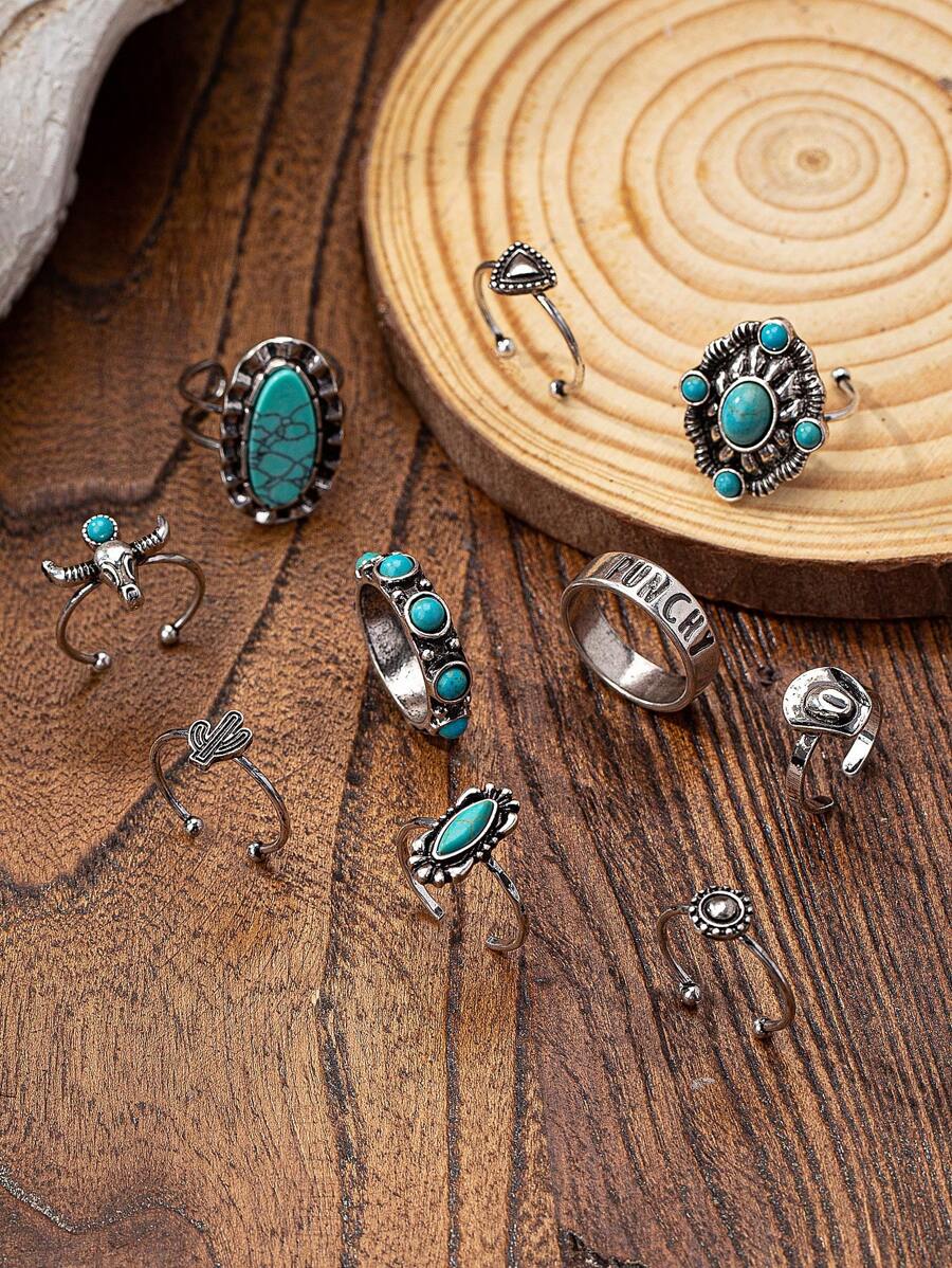 Set de 10 anillos apilados con decoración de piedra de turquesa estilo occidental como regalo de cumpleaños para mujer