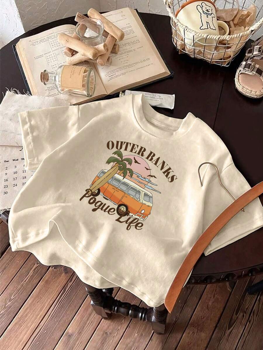Girls & Teenage Students Casual Apricot Color Graphic Print Round Neck Short Sleeve T-Shirt, Summer Top