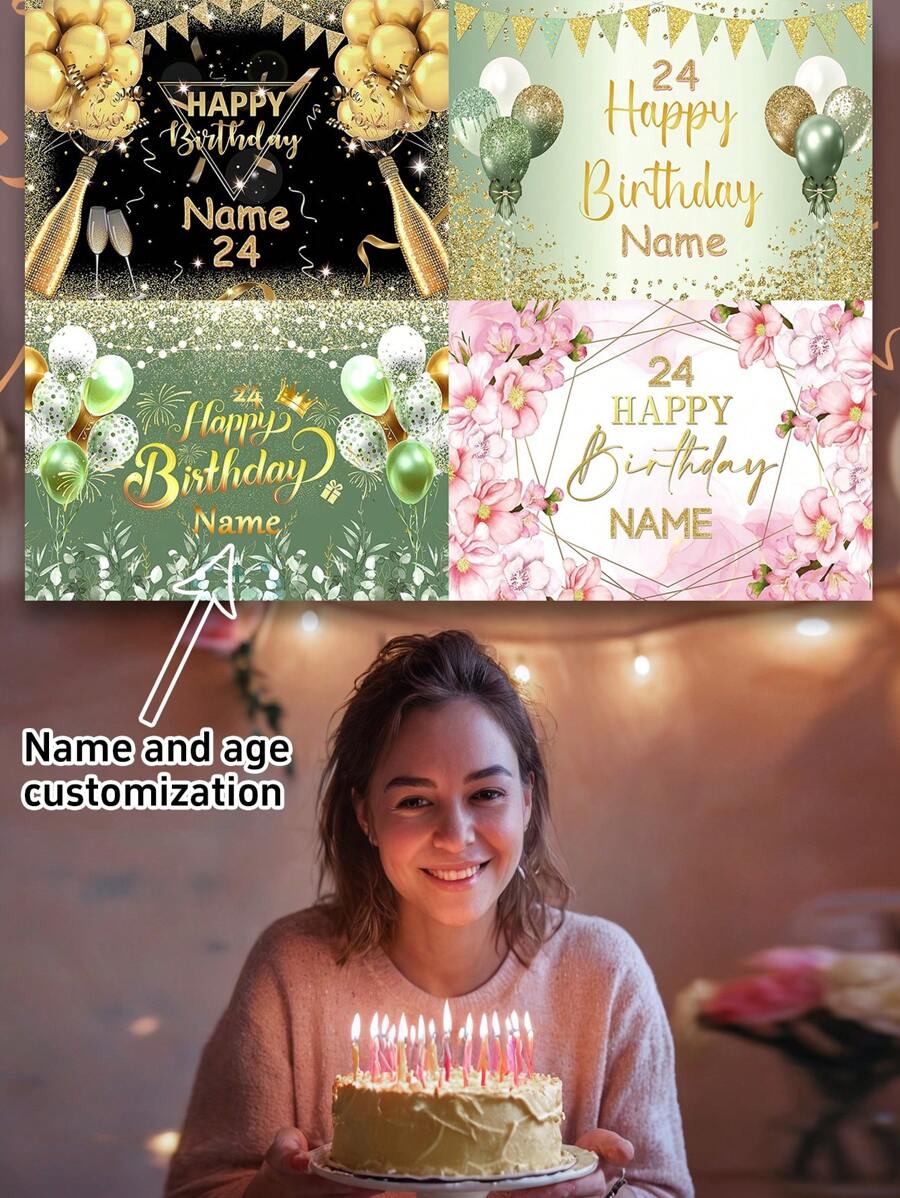 1 pieza Tela de fondo personalizable con nombre y edad para fiesta de 18 cumpleaños, decoración de banner de fondo con diseño verde y dorado para fiesta de cumpleaños de bebé y adulto