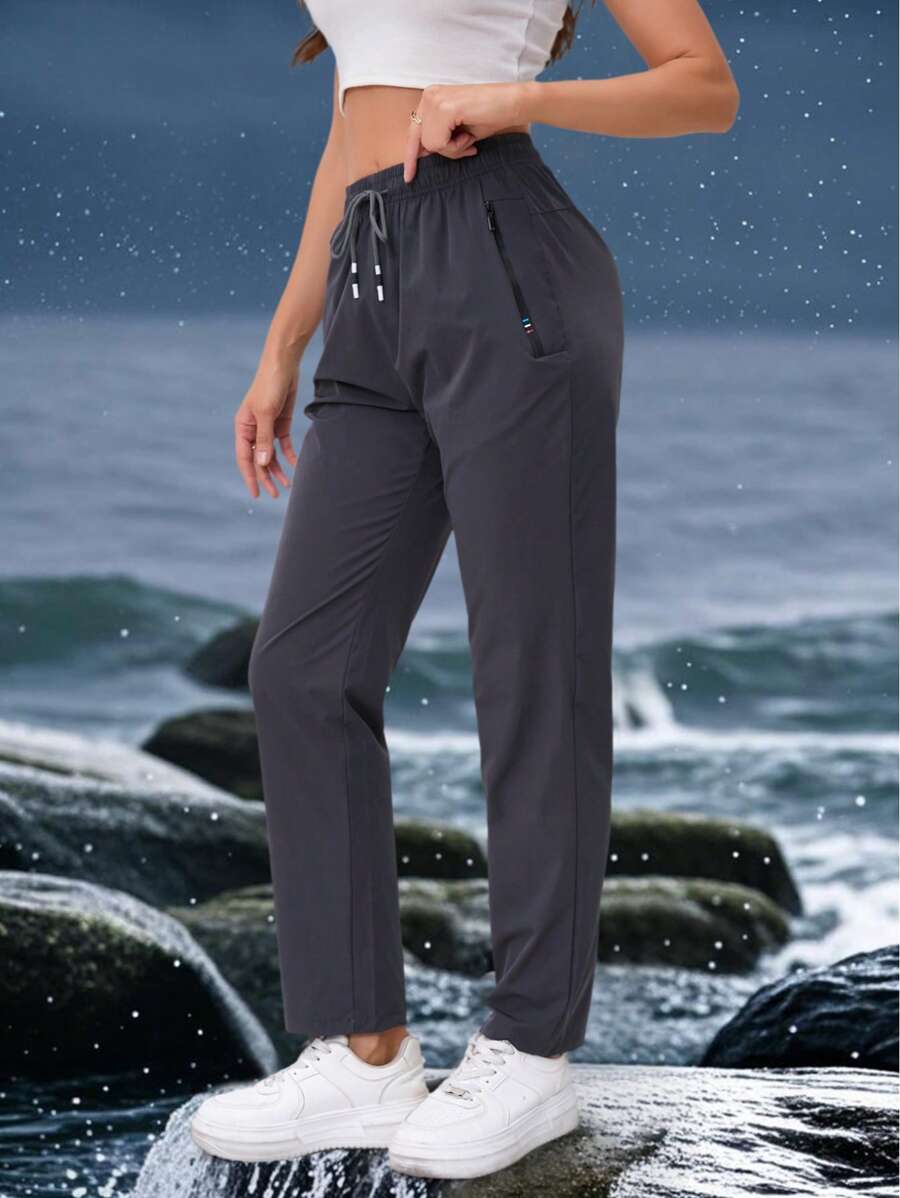 Pantalon de randonnée outdoor léger et respirant pour femmes, taille haute avec cordon de serrage, taille élastique, double poche zippée