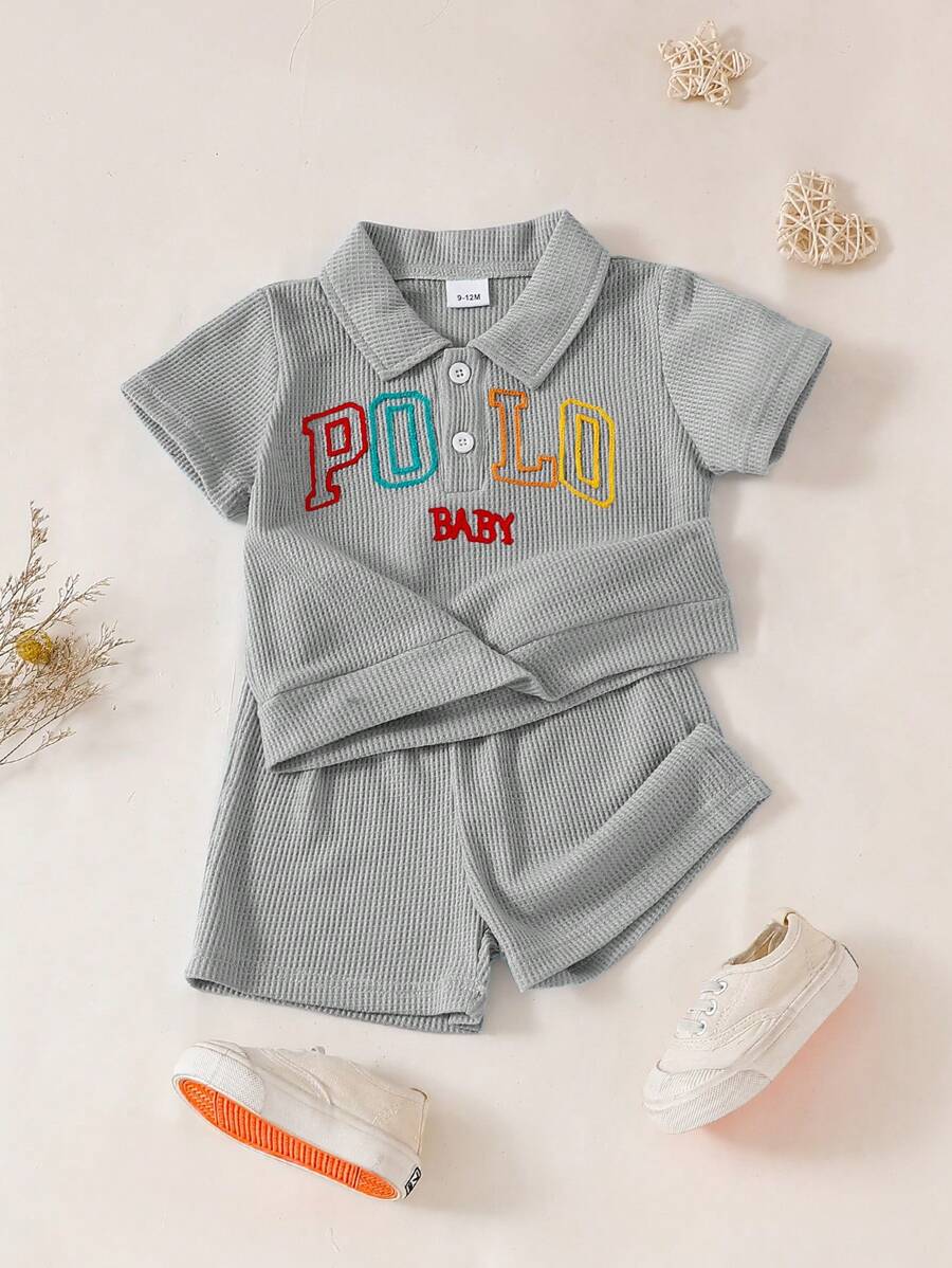 2pcs Baby Boys' Colorful Letter Embroidery Long Sleeve Polo Shirt And Waffle Shorts, Collegiate Style, Versatile For Spring/Summer