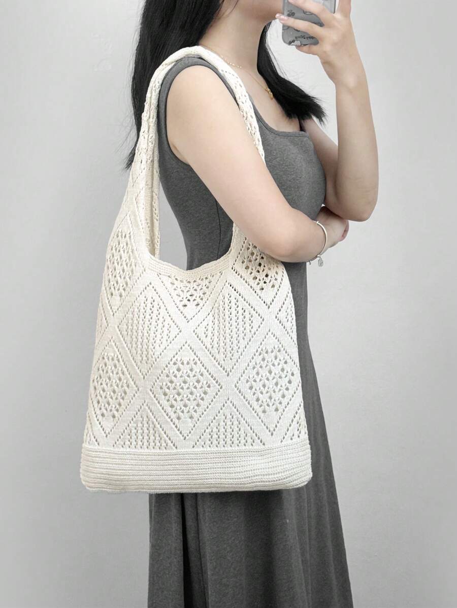 Crochet Woven Hollow-Out Design Tote Bag, Minimalist Large Capacity Women Shoulder Bag, Portable, Suitable For Teenagers, Female College Students, Great For Work, Back To School, Middle/High School, University, Vacation, Travel