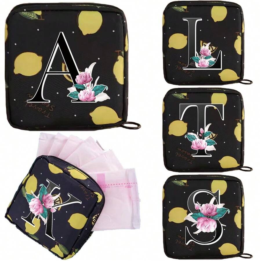 Bolsa de Armazenamento de Absorvente Higiênico com Estampa de Desenho Animado, Bolsa de Armazenamento Multifuncional para Viagens, Bolsa para Absorventes Higiênicos, Bolsa de Armazenamento Grande para Artigos de Higiene Pessoal, Absorventes Higiênicos, Maquiagem, Leve, com Estilo, Padrão de 26 Letras Iniciais