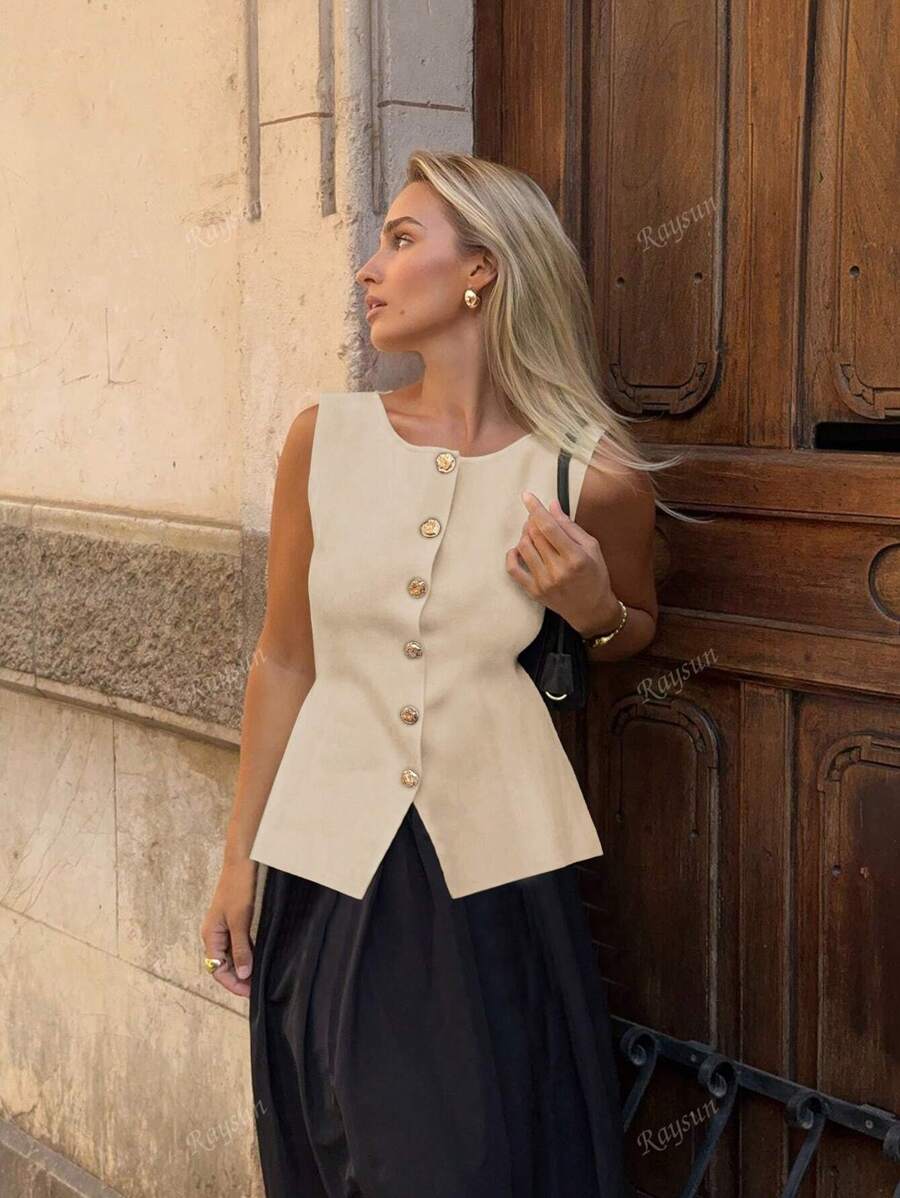 Vintage Chic Fashionable Elegant Metal Button Open Front Solid Color Sleeveless Round Crew Neck Business Jacket Work Outfits Waistcoat Slim Modest Minimalism Casual Top Tank Knit Vest Sweater For Women