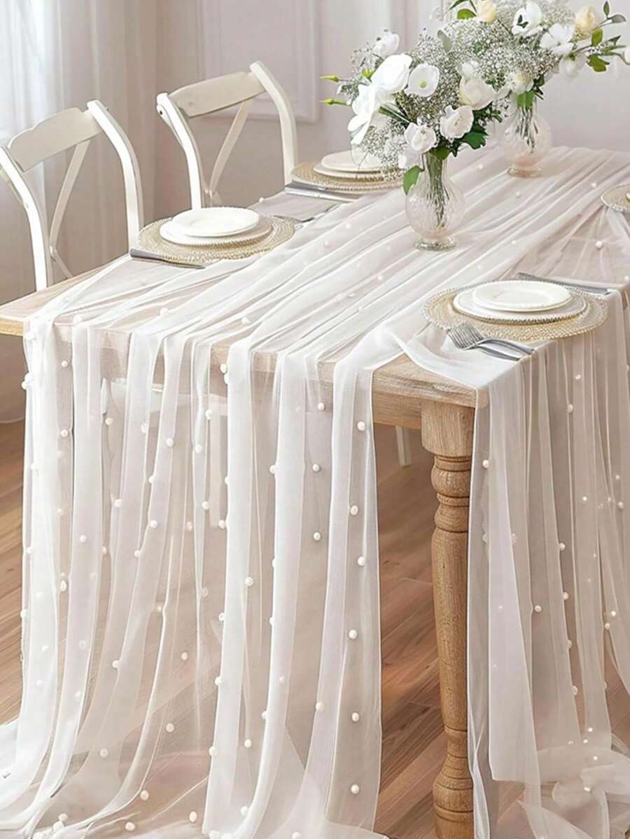 2pcs/1pc Faux Pearl Decor Table Runner, Wedding White Pearl Tulle Tablecloth, Wedding Decor Nylon Mesh Fabric, Pearl Hollow Out Mesh Fabric, Suitable For Wedding Arch Decor, Reception, Bridal Shower, Party Decor, Chair Sash, Event Backdrop