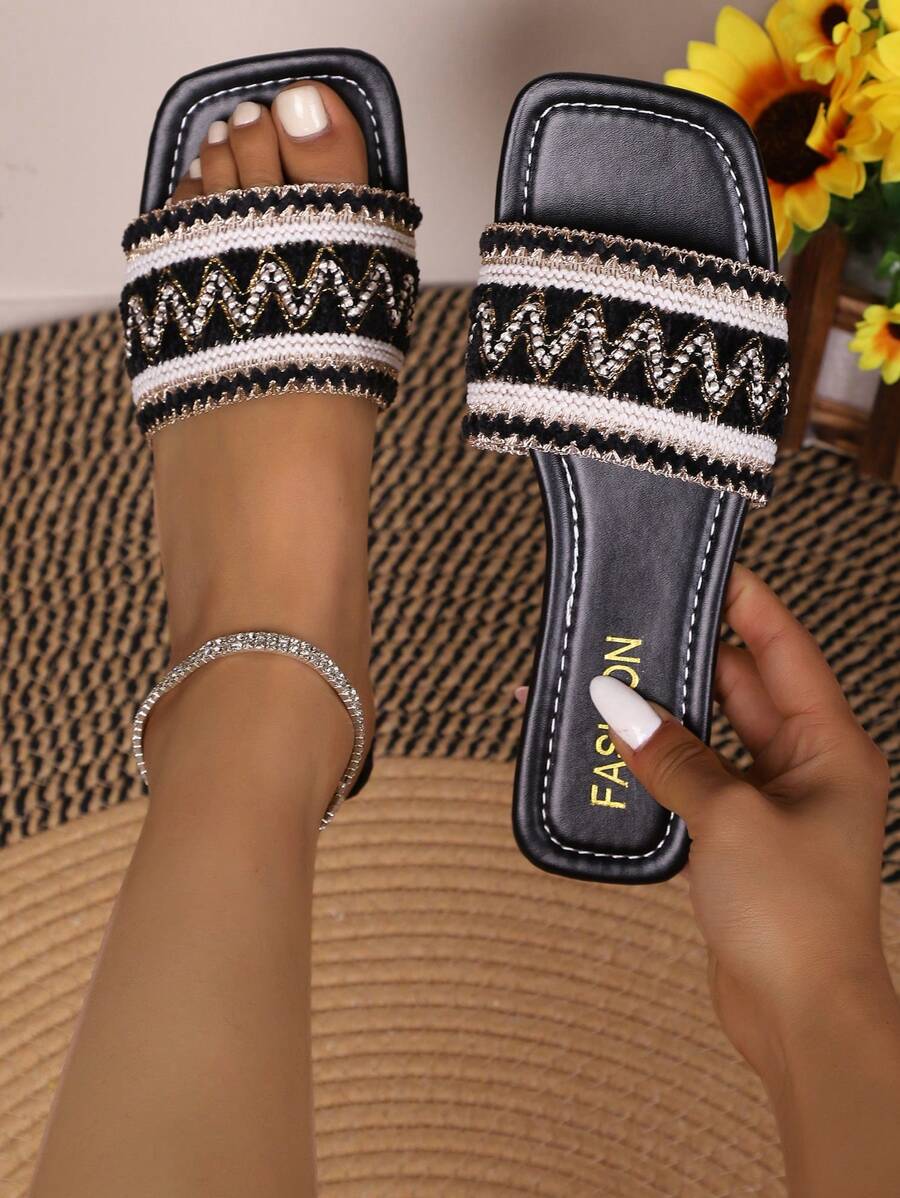 Women Boho Low Heel Flat Sandals, Casual Vacation Fashion Slippers For Home & Outdoor, All Season