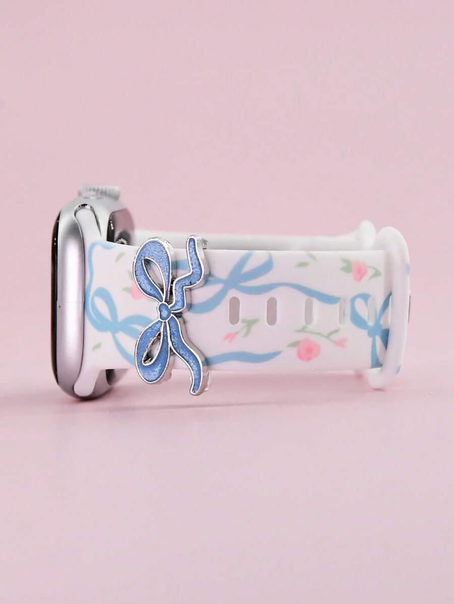1PC Blue Bow Style Silicone Smart Watch Band Compatible With Apple Watch Band Women 49/46/45/44/42/41/40/38mm,Stylish Printed Strap With Bow Charms Dressy Wristband For Watch Bands Compatible With Apple Series 10 Ultra 2 9 8 7 6 5 4 3 2 SE Compatible With Apple Watch Accessories