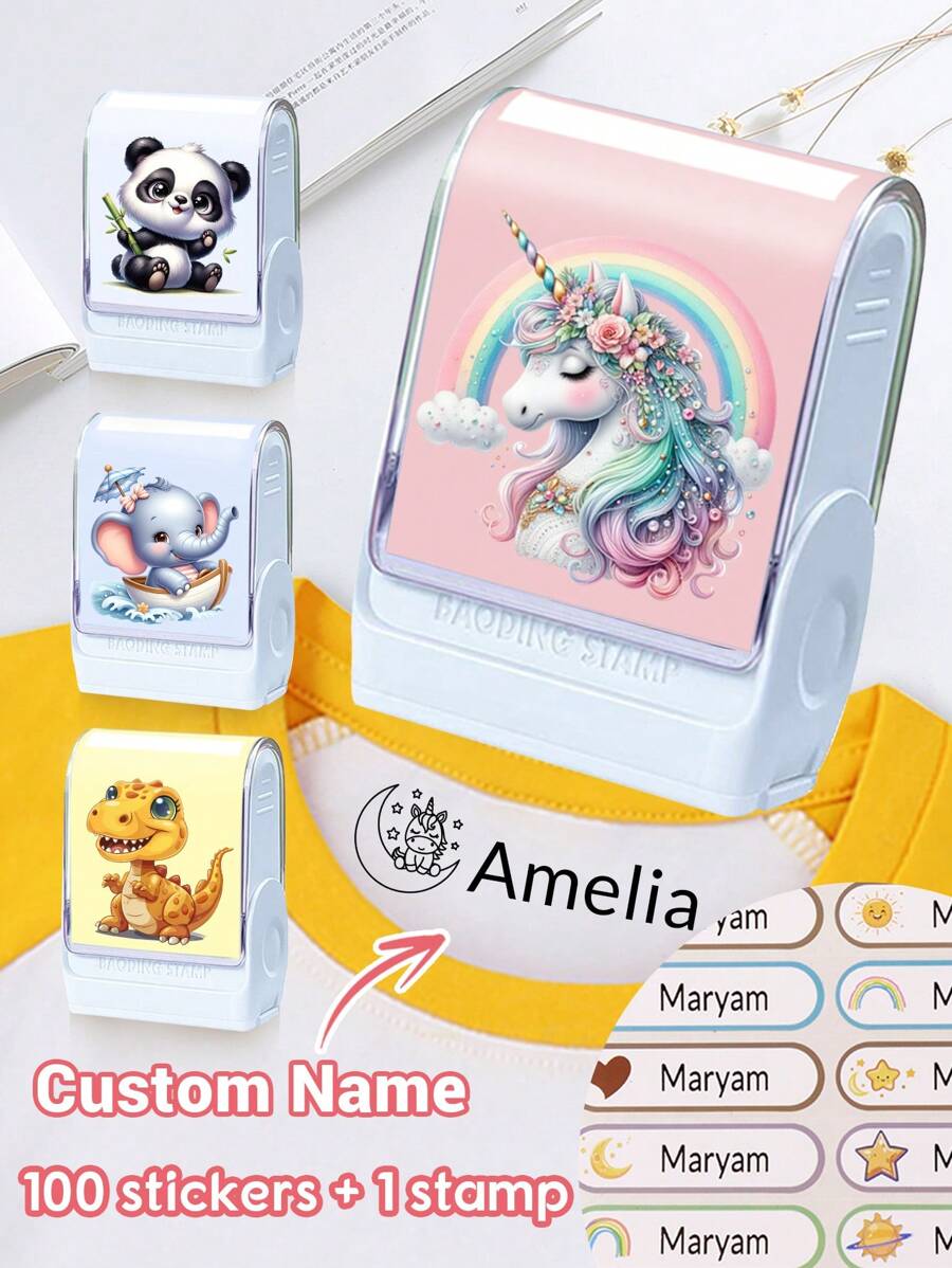 1pc Stamp+100 Name Stickers- Custom Name Stamp For Kids Clothing Waterproof The Name Stamp Personalized For Clothes ,Handwritten Signature Stamp,Personalized Clothing Stamps For Clothes, DIY Customized Cartoon Self Inking Name Seal Stamp For Business Use Back To School Supplies Student Stationery Gift