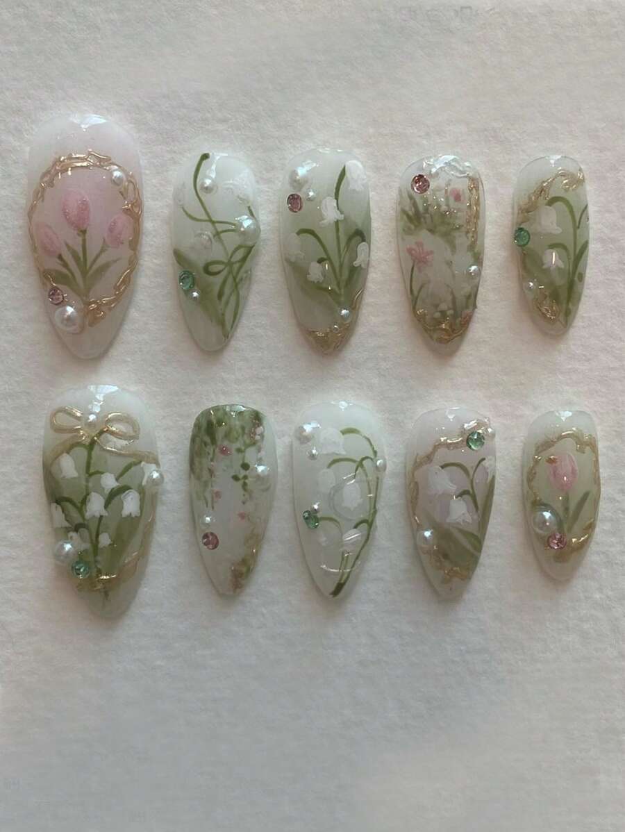 24 Pieces Of Long Almond-Shaped Sweet Orchid Three-Dimensional Fake Nail Supplies Patch Set 1 Nail File A Jelly Glue Is Suitable For Girls To Wear Daily In Spring And Summer