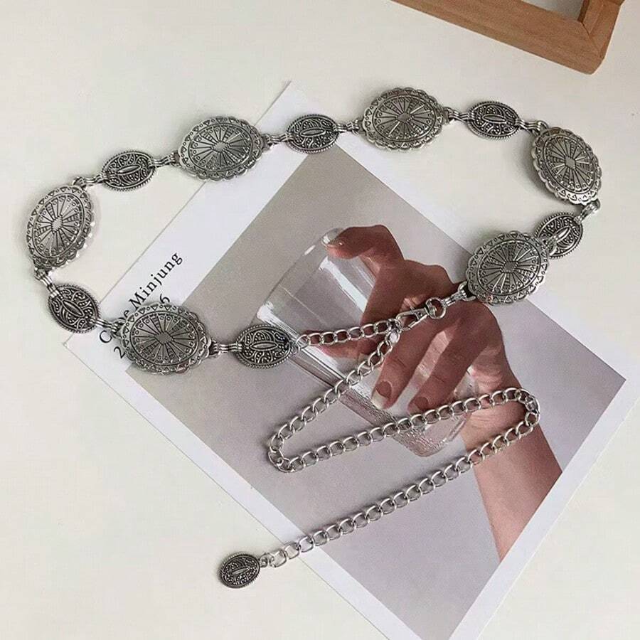 1pc Women Silver-Tone Distressed Metal Chain Waist Belt, Vintage Style Zinc Alloy Waist Chain, Suitable For Spring, Summer, Autumn, Winter