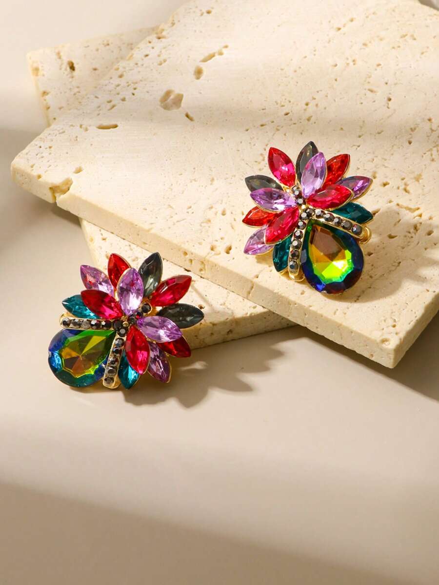 1pc Luxury Rhinestone Inlaid Colorful Flower Earrings, Fashionable Jewelry For Spring/Summer, Suitable For Parties, Weddings, Mother's Day Gifts