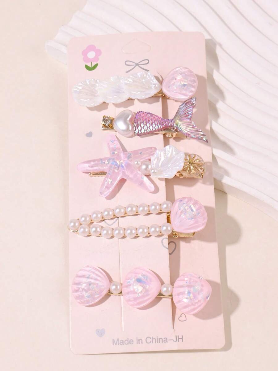 12 Stücke Elegante, einfache, frische Haarspangen Meerjungfrauenschwanz, mit Seesternen, Muscheln, Perlen, Herz-Form, geeignet für Alltag, Schule, Strand, Arbeit, Partys, Geburtstage, Schulanfang, Haarzubehör, Haarklammern, Haarspangen
