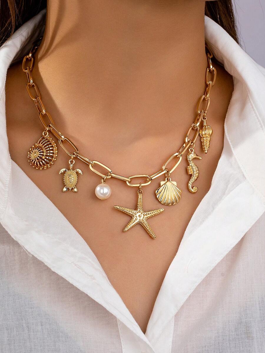 1pc Metallic Ocean Creature Pendant & Faux Pearl Chunky Chain Necklace, Suitable For Women Beach Vacation Outfit