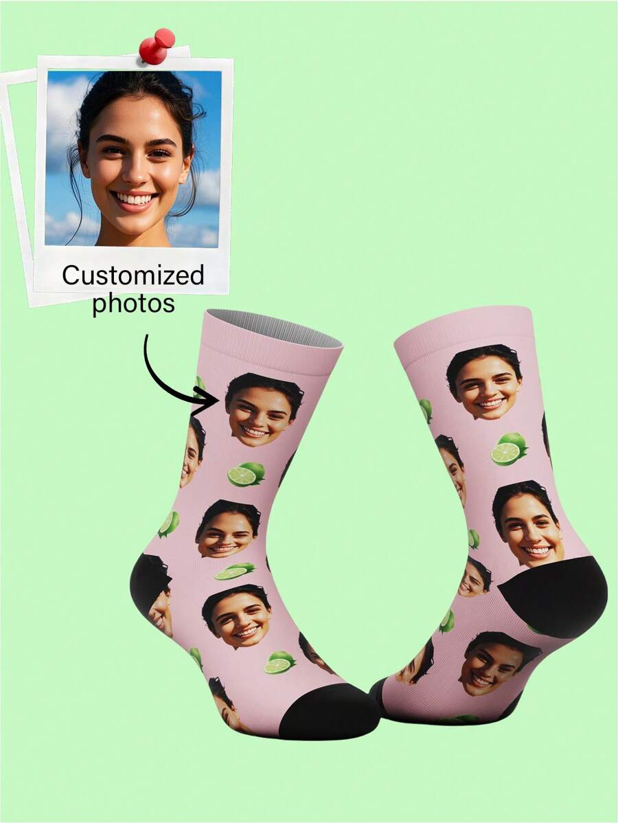 1 Pair Customizable Face Pink Lemon Pattern Mid-Calf Socks For Men, Holiday Gift