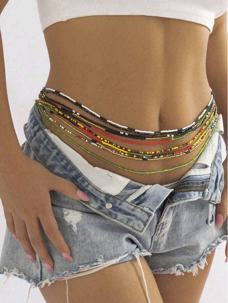 Assorted Boho Style Rainbow Charm Waist Chain Accessories, Versatile For Women Summer Body Chain, Belly Jewelry, Bikini Chains, Jewelry, Waist Belt, Bracelets, Necklace